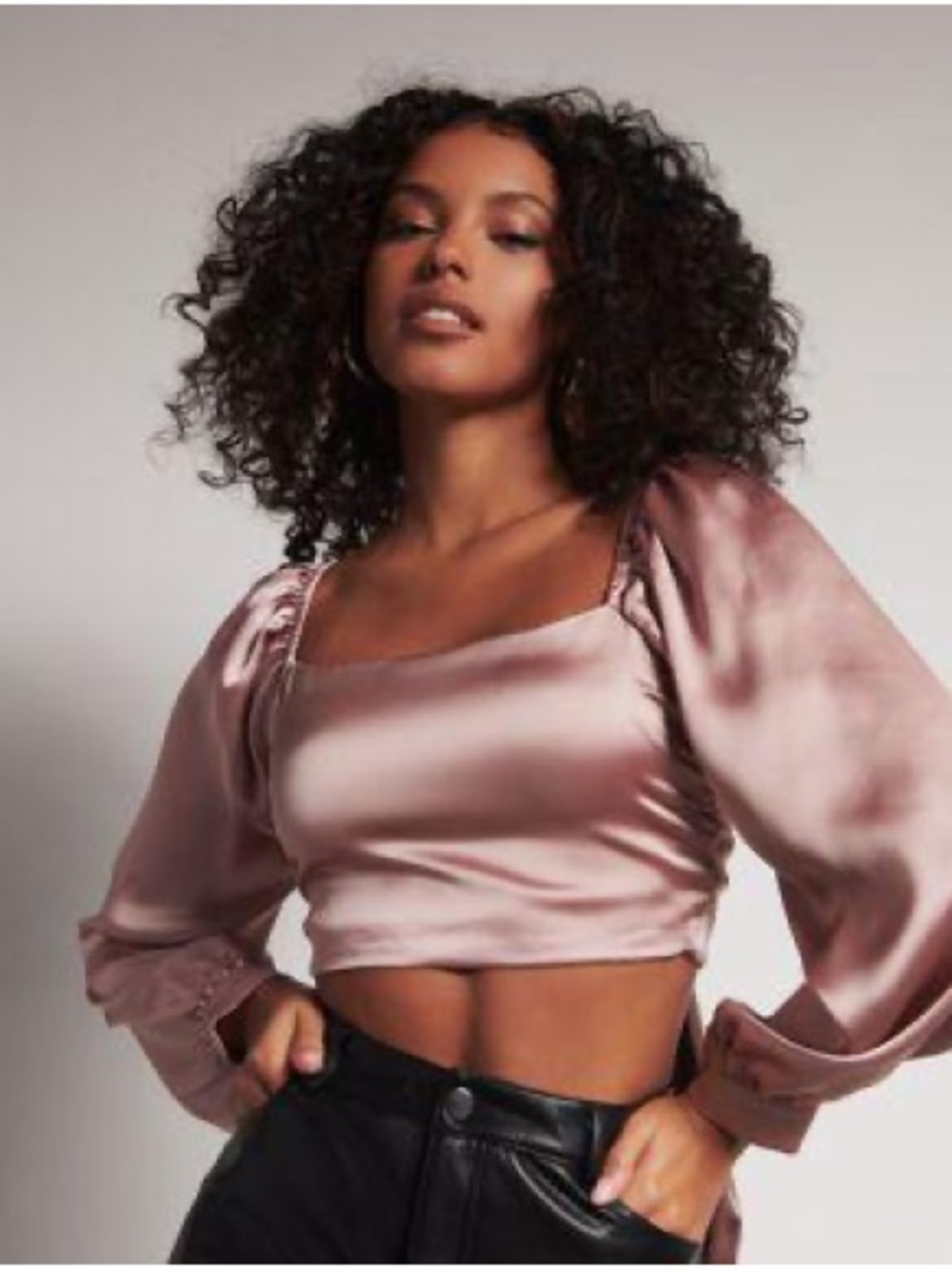Dynamite| Rose Pink Satin Puff-Sleeve Tie Back Crop Top Blouse Sz XS